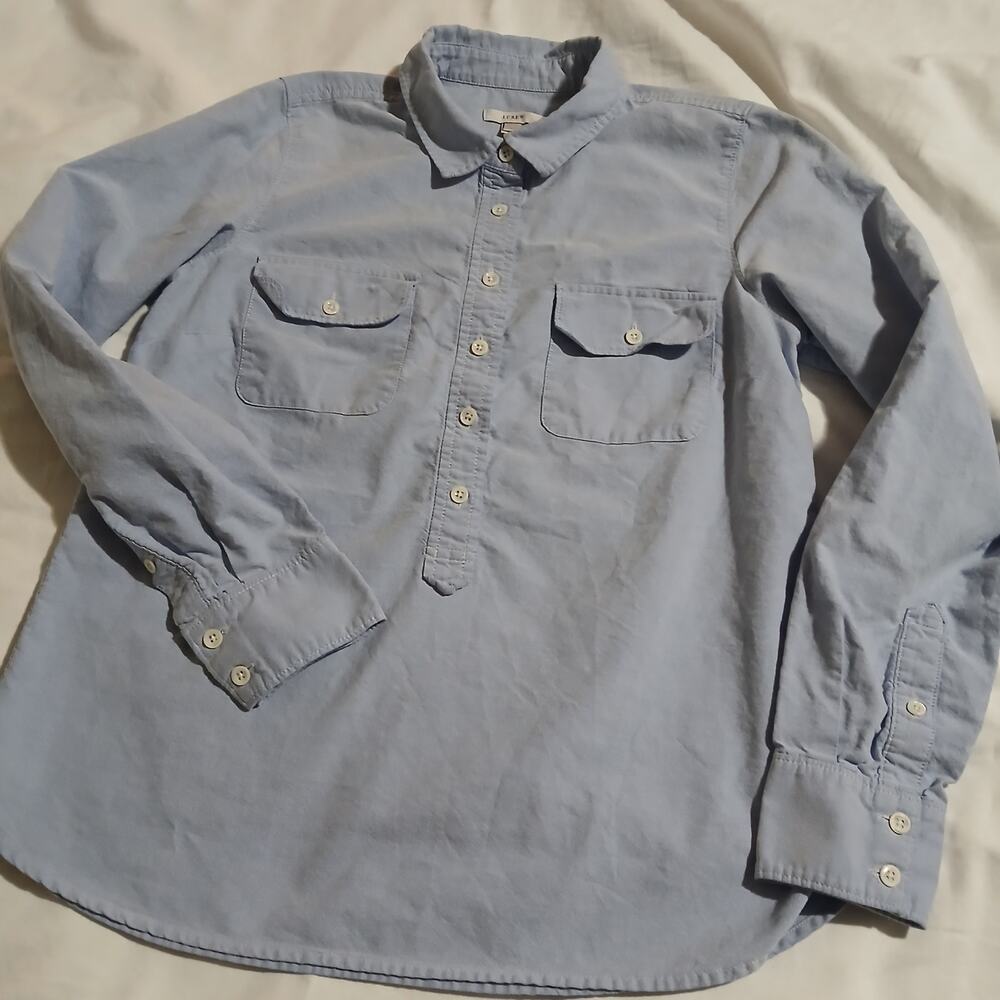 J Crew Women's 0 Blue Oxford 100% Cotton Long-Sleeved Tunic Half-Button Iconic